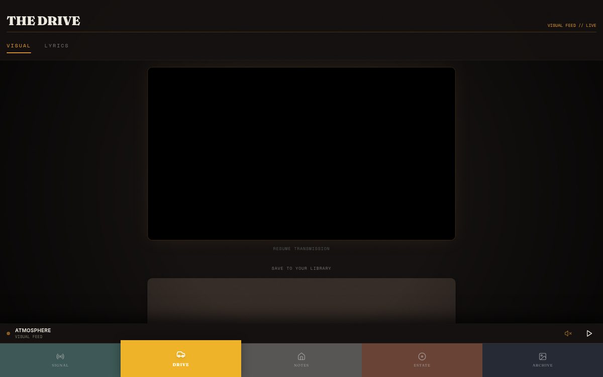 Polaroid Police site, Chris’s own project: five rooms (Signal, Drive, Notes, Estate, Archive) and a live visual feed.